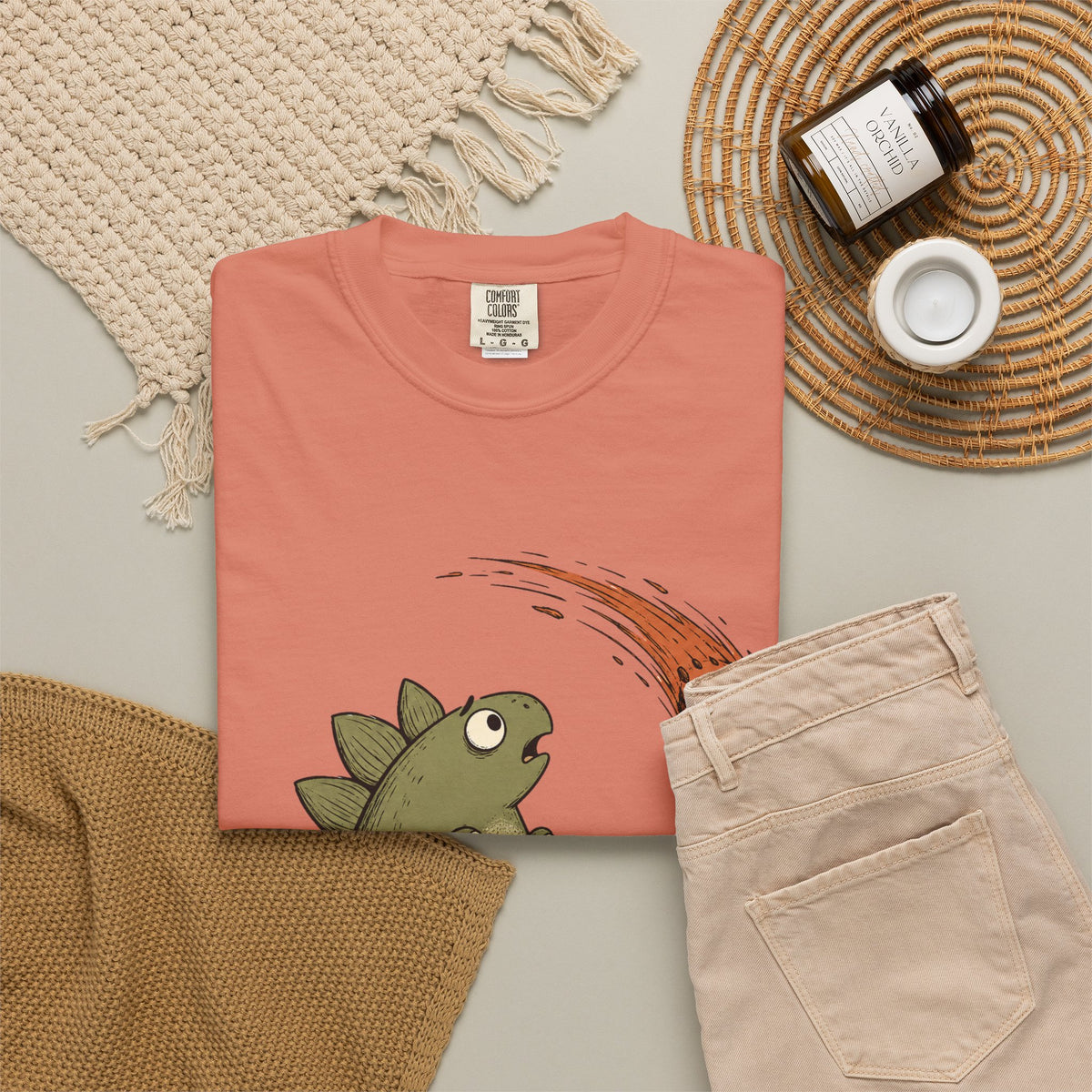 Emotionally I'm the Meteor Dinosaur T-shirt - Terracotta - Flat Lay