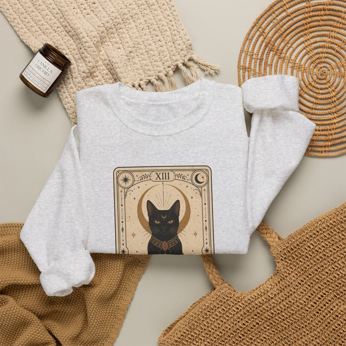 Black Cat Tarot Card Sweatshirt - Ash - flat lay