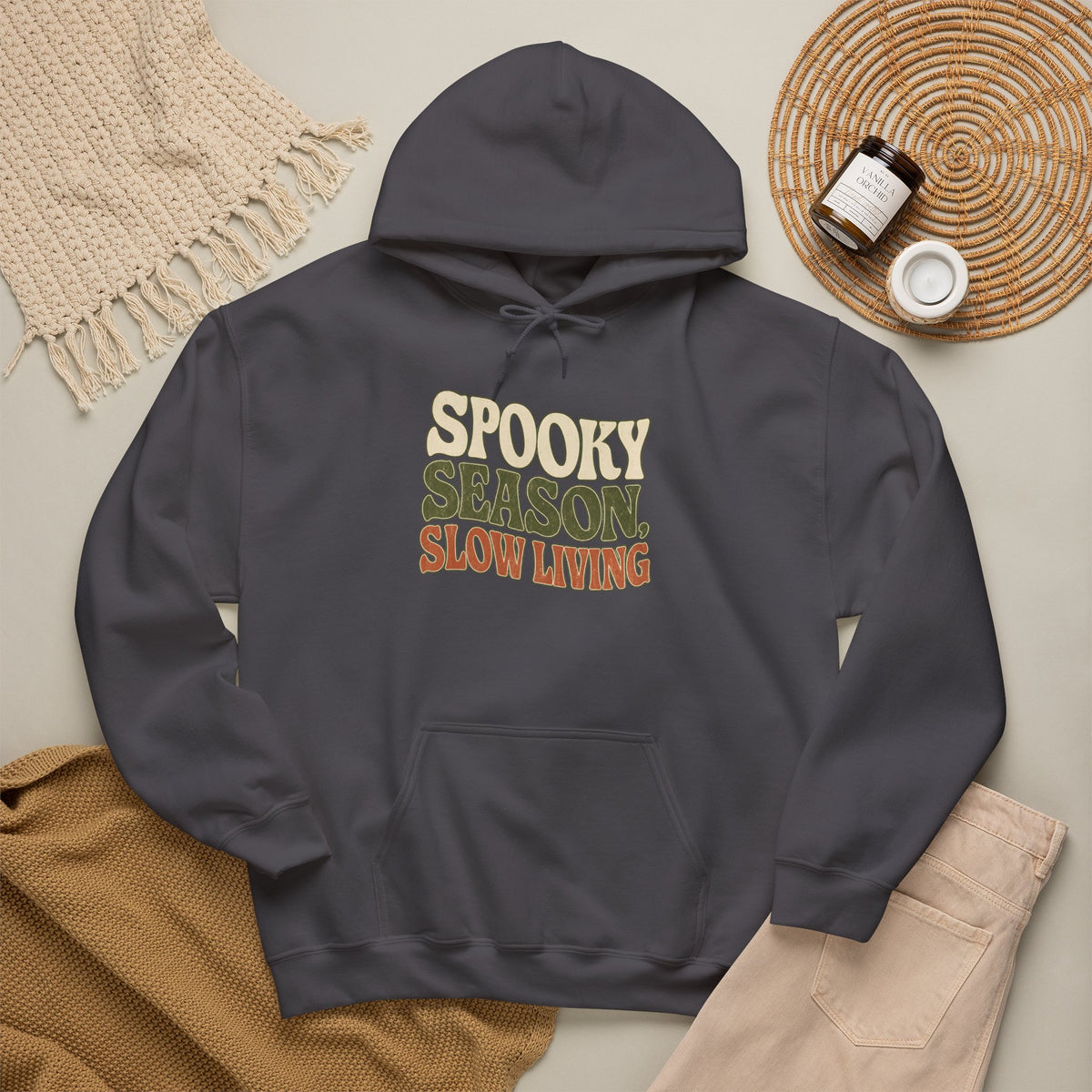 Spooky Season Slow Living Hoodie - Charcoal - Flat Lay