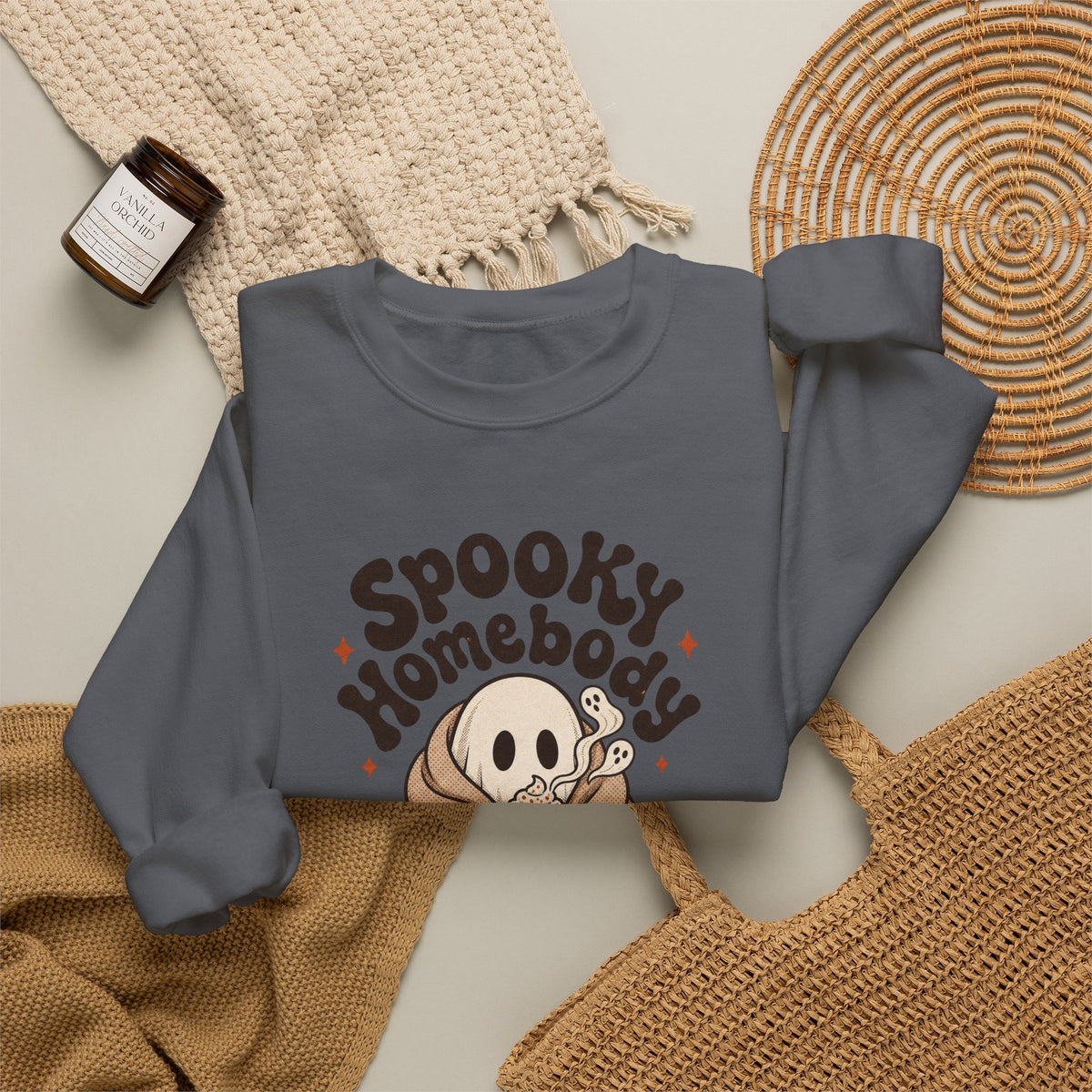 Spooky Homebody Ghost Sweatshirt - Charcoal - flat lay
