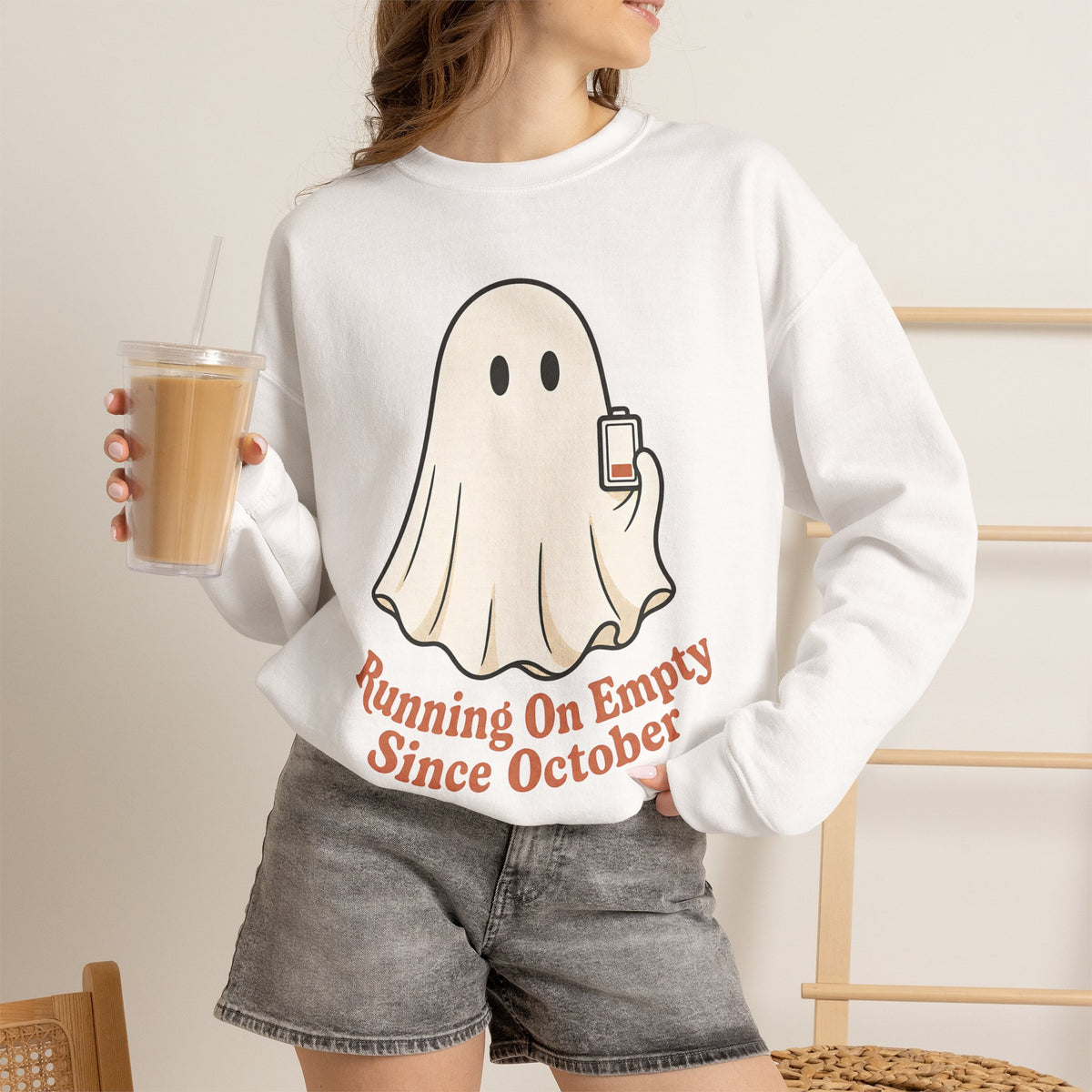 Running On Empty Since October Sweatshirt - White - On Model Female