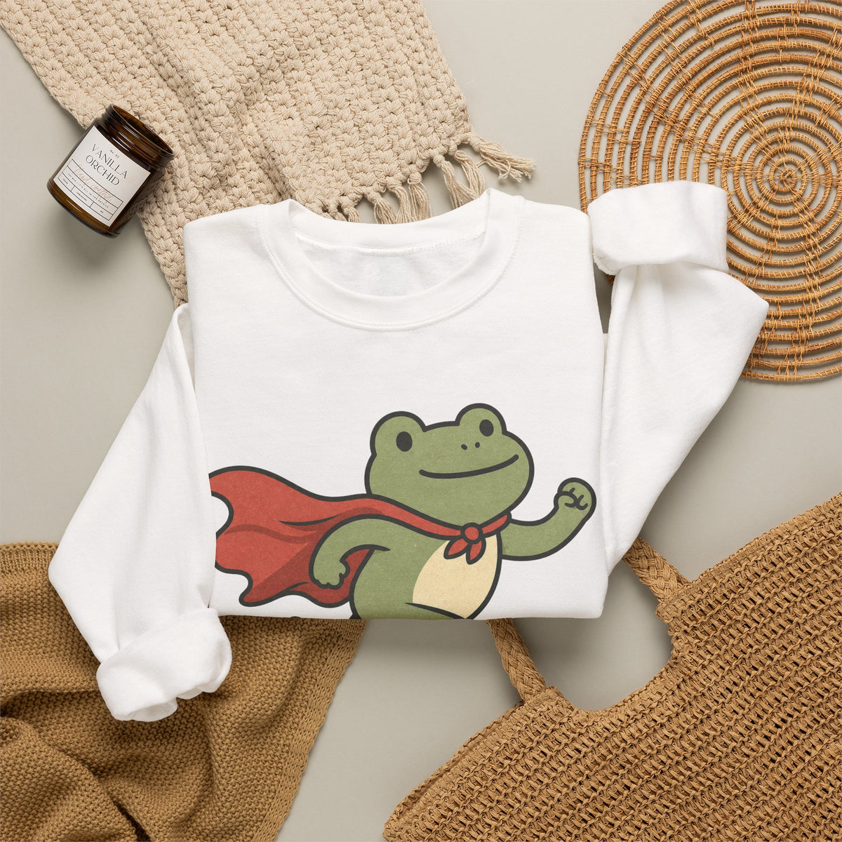 Superhero Frog running Sweatshirt - White - Flat Lay