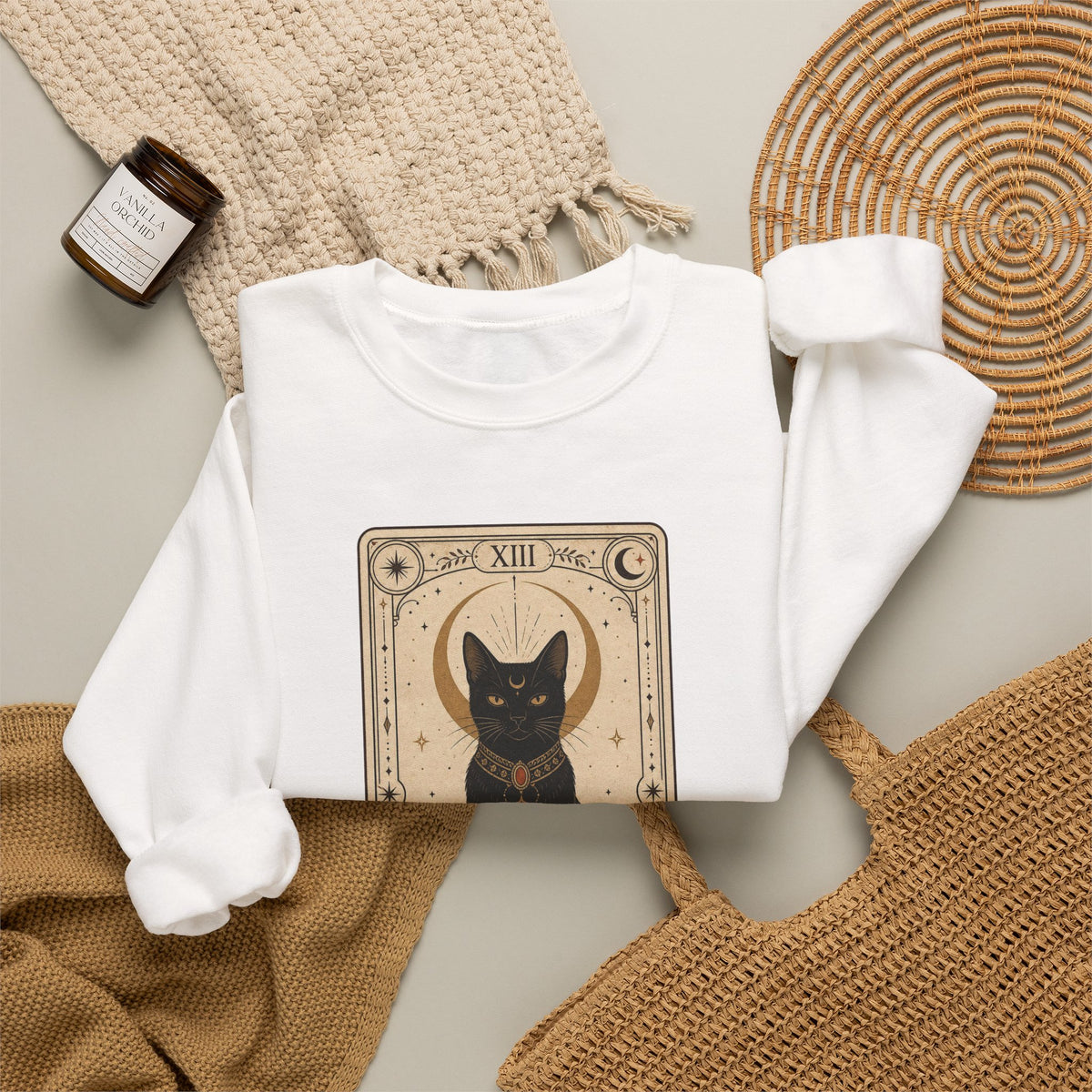 Black Cat Tarot Card Sweatshirt - White - flat lay