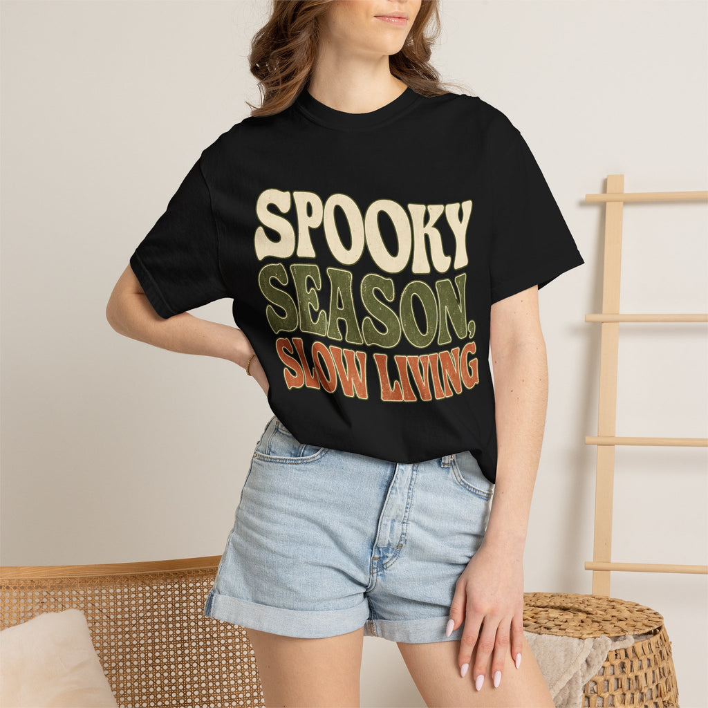 Spooky Season Slow Living T-shirt - Black - On Model Close-Up