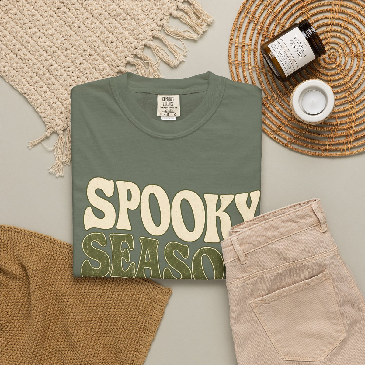 Spooky Season Slow Living T-shirt - Moss - Flat Lay