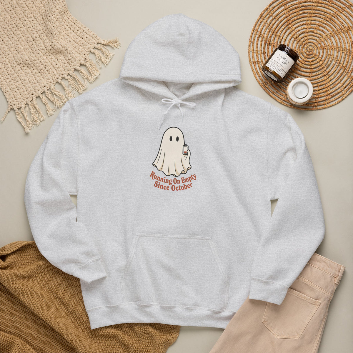 Running On Empty Since October Hoodie - Ash - Flat Lay