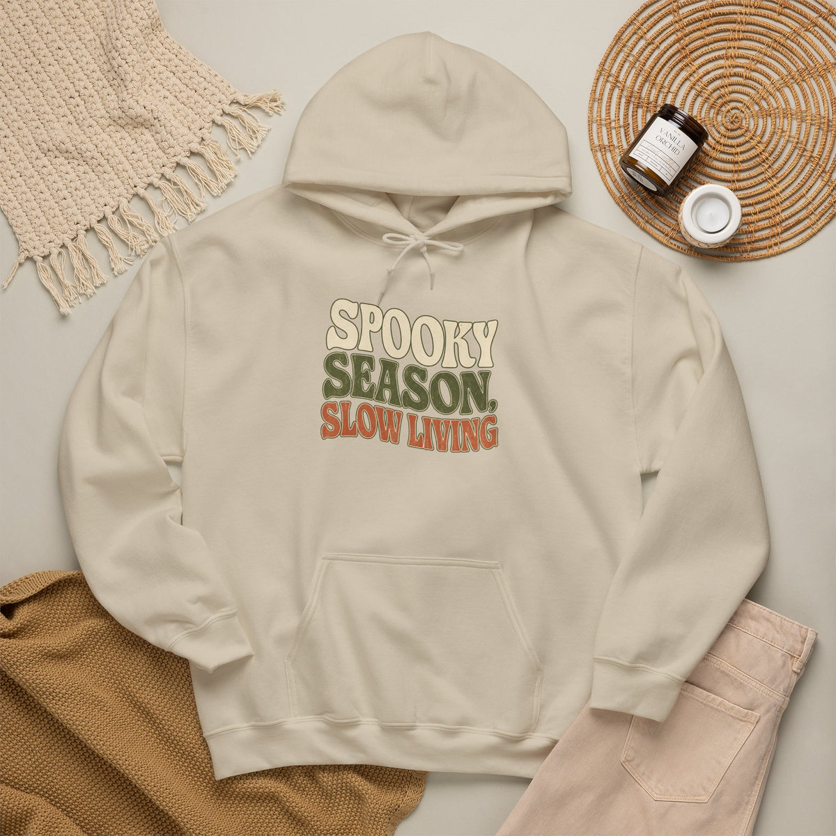 Spooky Season Slow Living Hoodie - Sand - Flat Lay