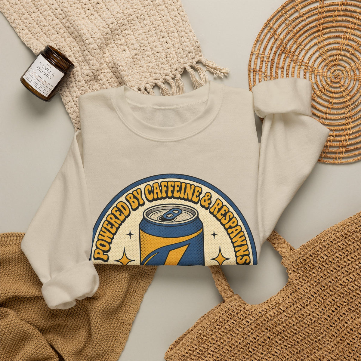 Caffeinated Energy Can Sweatshirt - Sand - Flat Lay