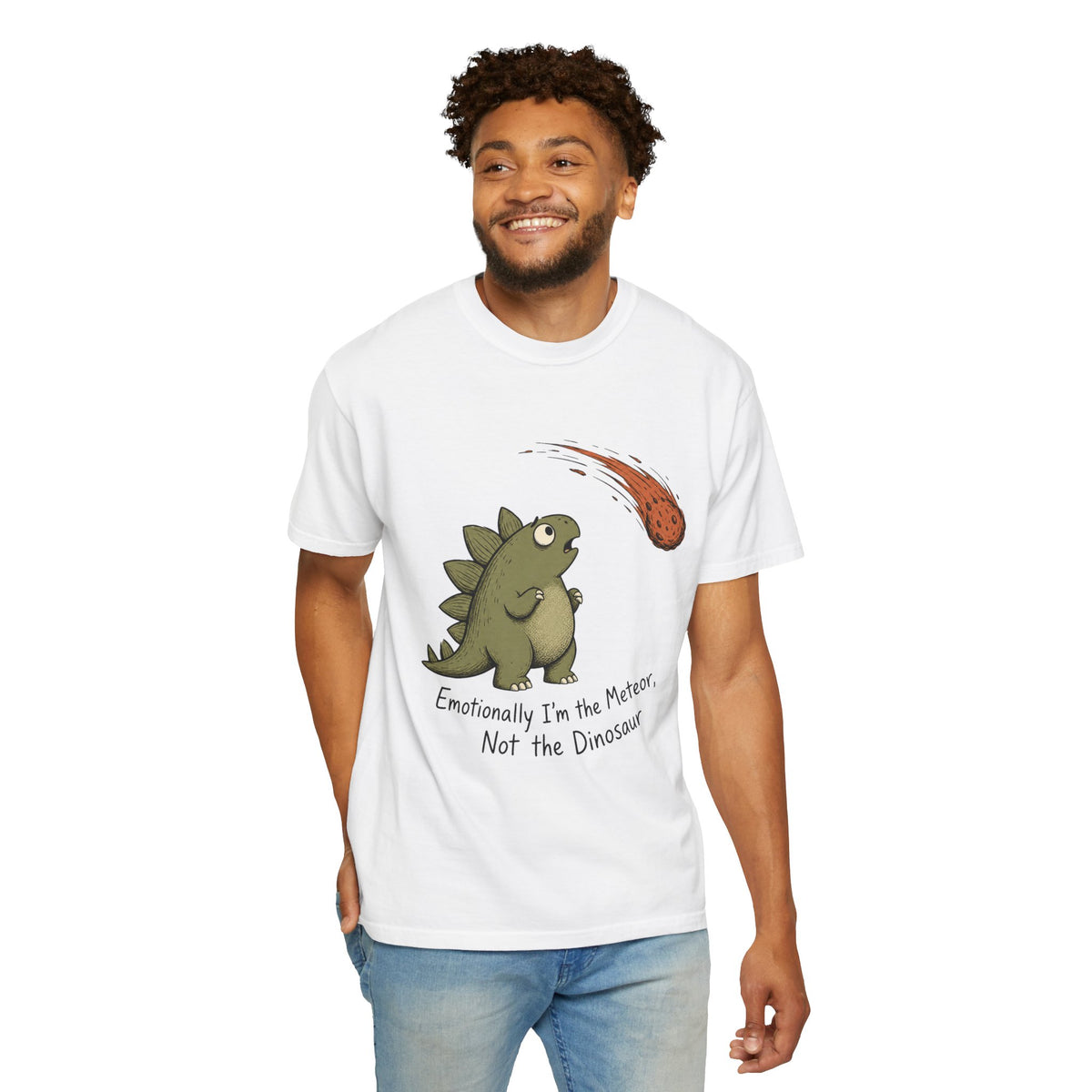Emotionally I'm the Meteor Dinosaur T-shirt - White - On Model Front