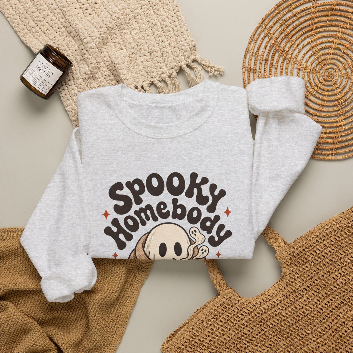 Spooky Homebody Ghost Sweatshirt - Ash - Flat Lay