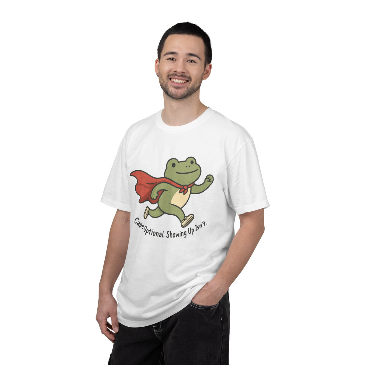 Superhero Frog running illustration T-shirt - White - On Model Male