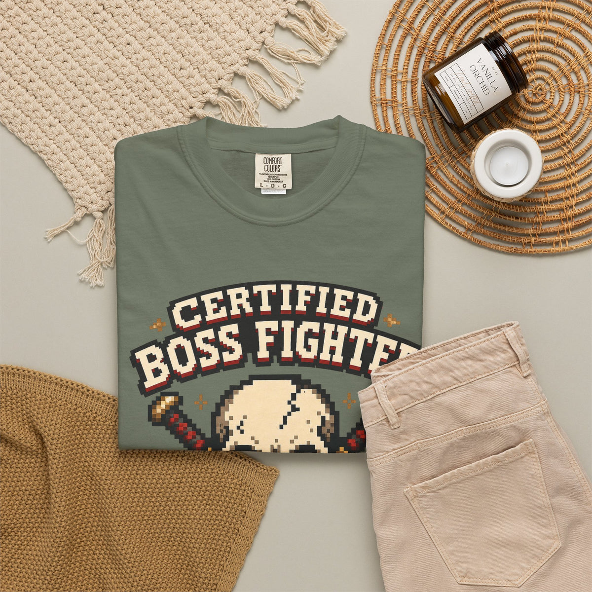 Certified Boss Fighter T-shirt - Moss - Flat Lay