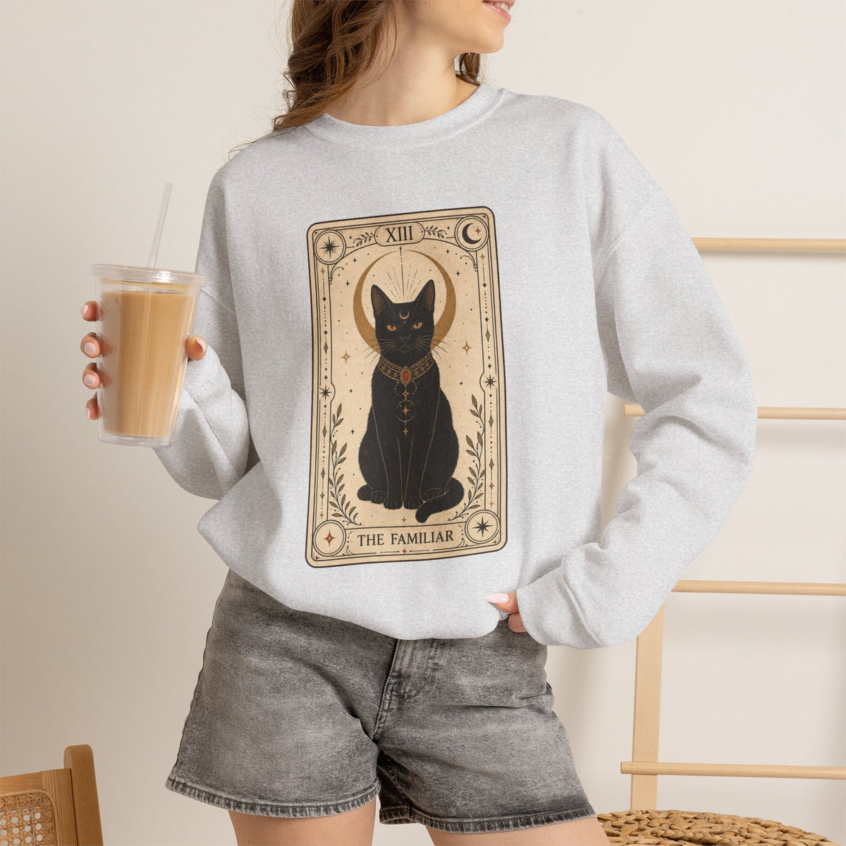 Black Cat Tarot Card Sweatshirt - Ash - on model female