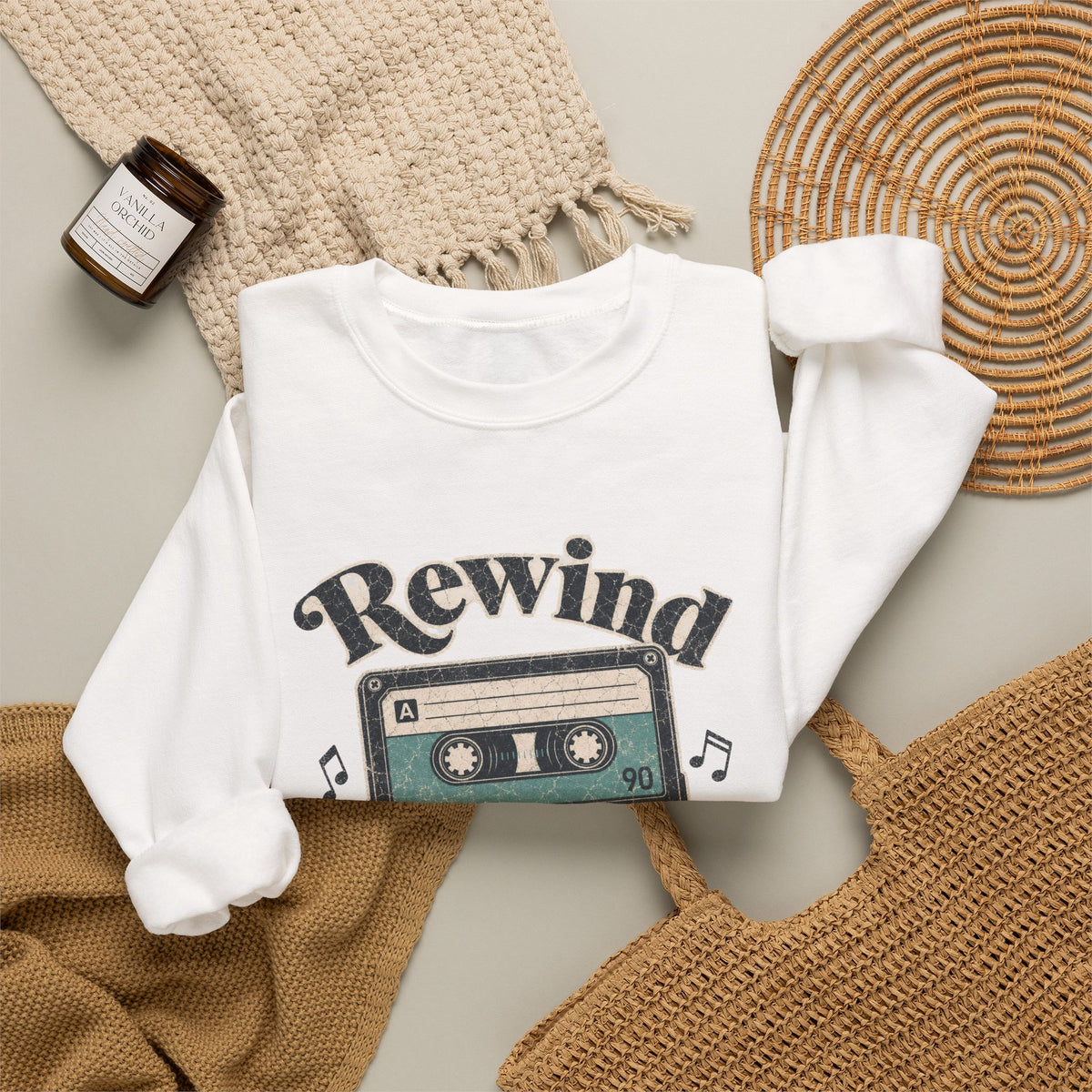 Retro Cassette Tape Sweatshirt - White - Flat Lay