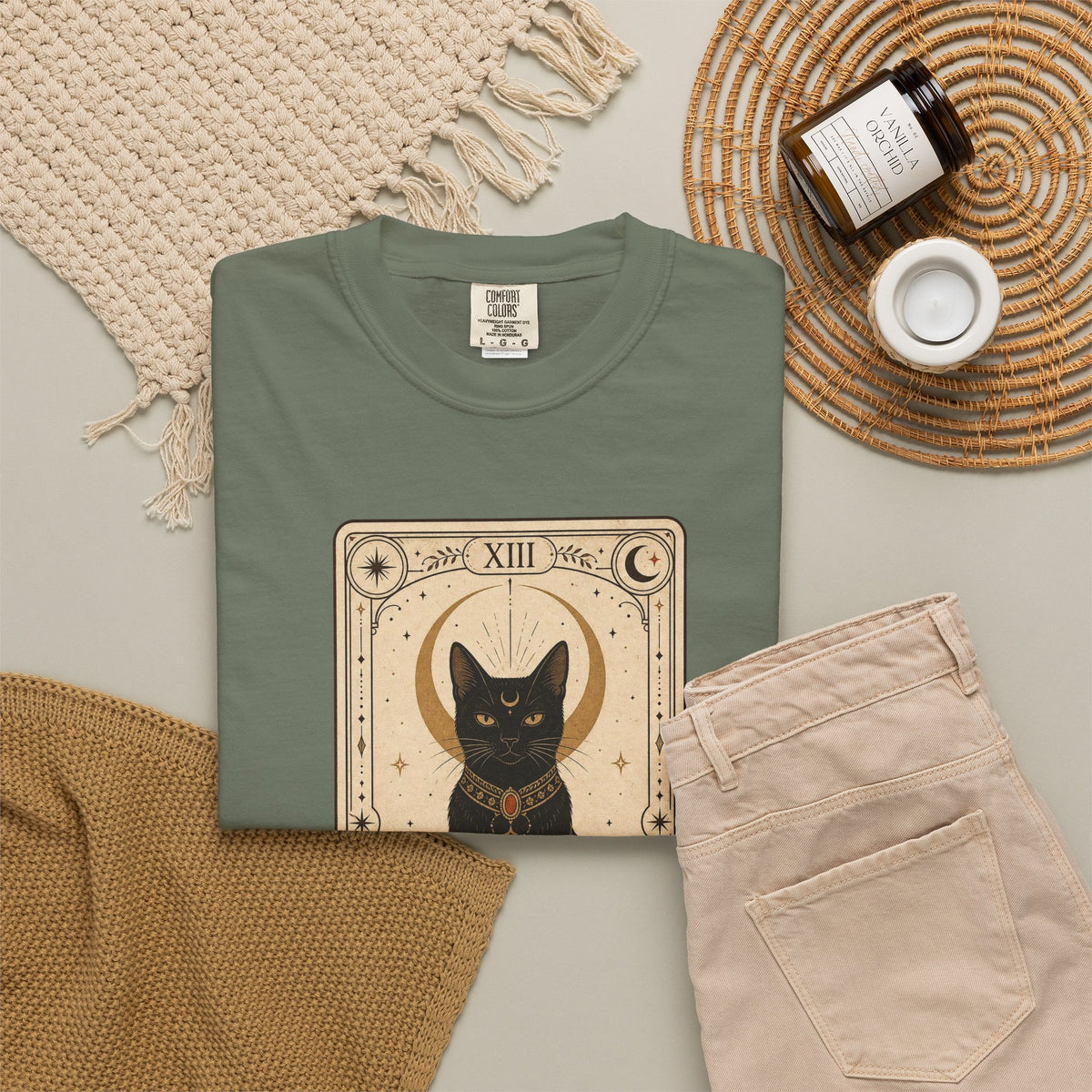 Black Cat Tarot Card T-shirt - Moss - Flat Lay