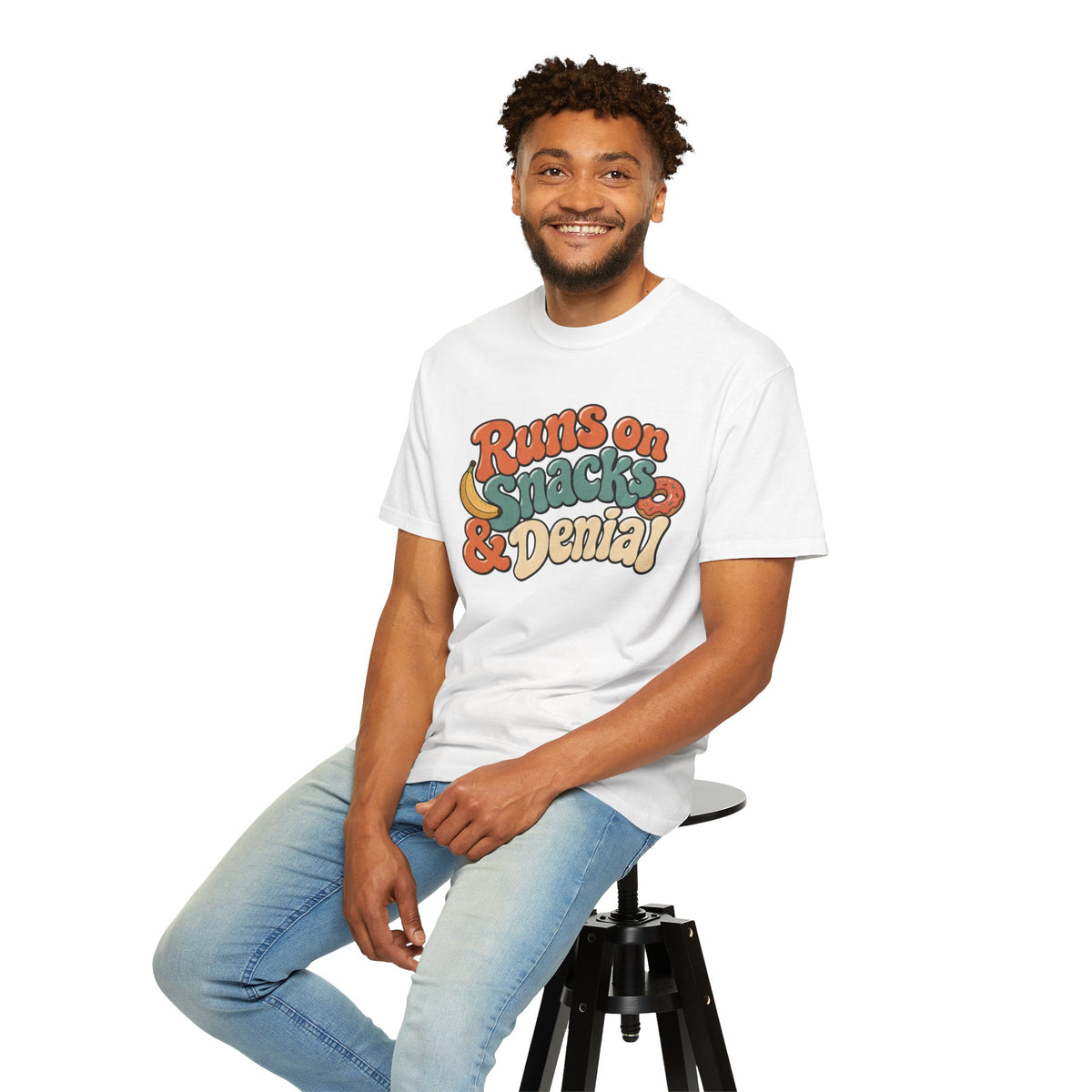 Runs on Snacks & Denial T-Shirt - White - On Model Male