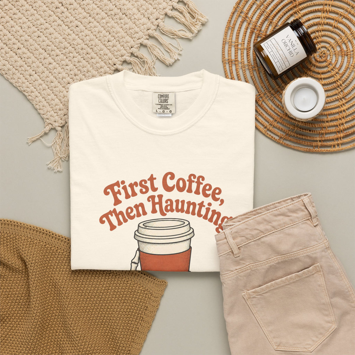 First Coffee Then Haunting T-Shirt - Ivory - Flat Lay