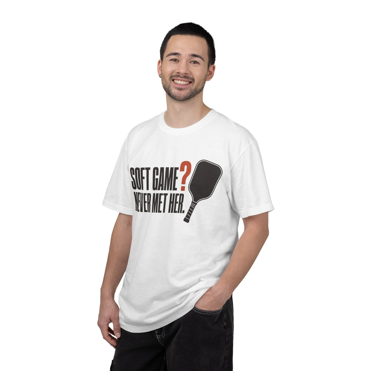Soft Game? Never Met Her T-Shirt - White - On Model Male