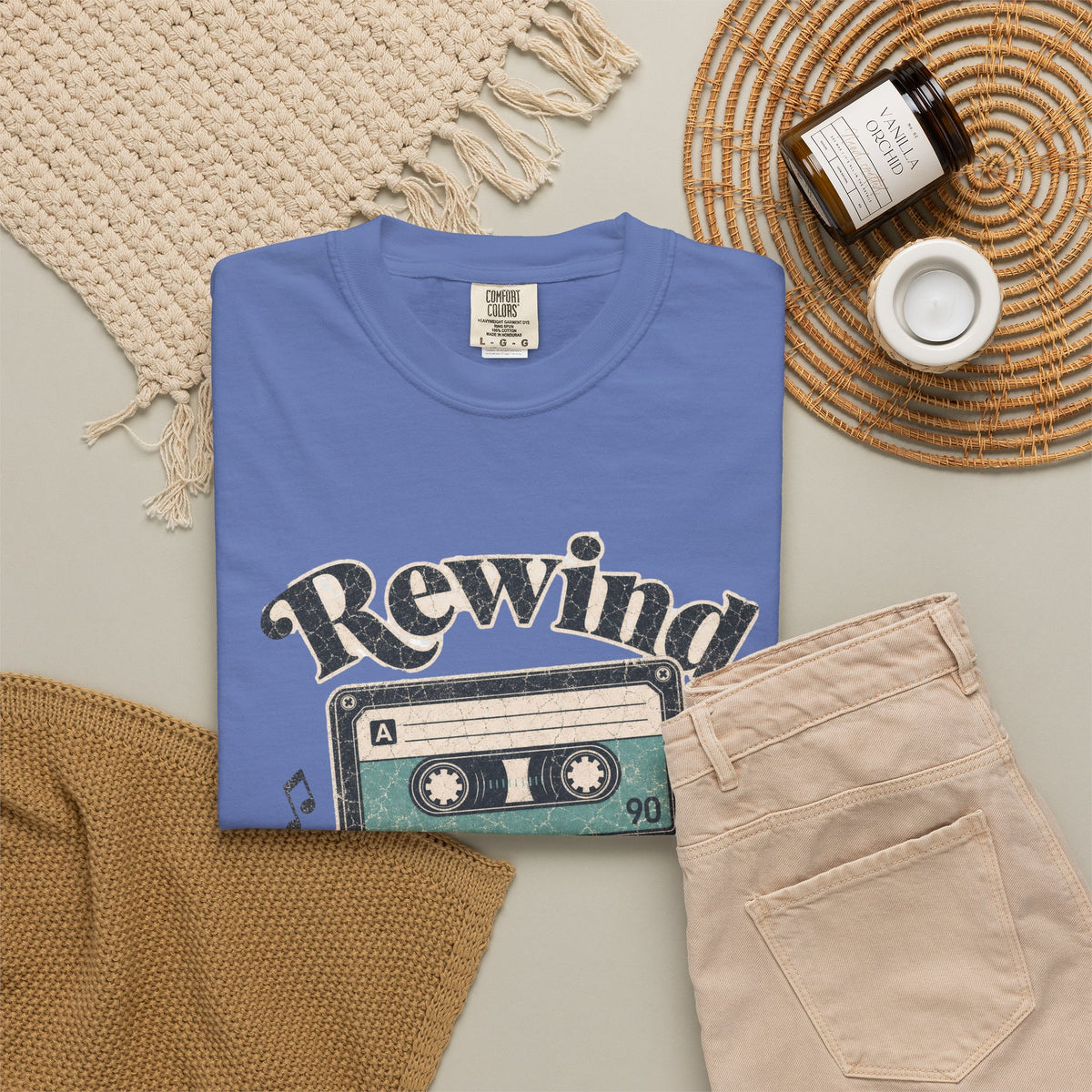 Retro Cassette Tape T-shirt - Mystic Blue - Flat Lay