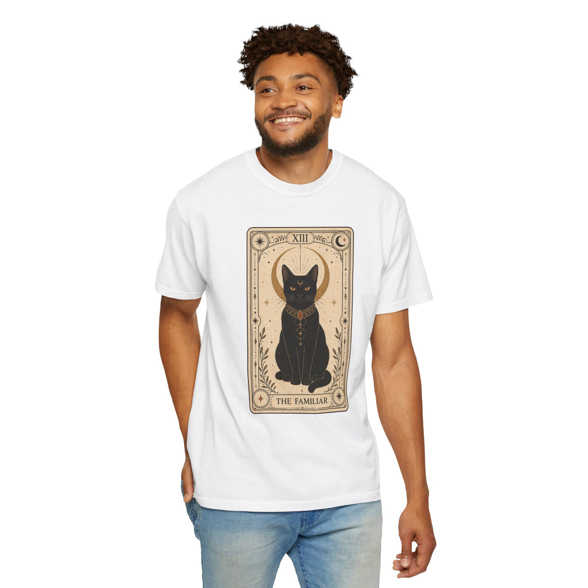 Black Cat Tarot Card T-shirt - White - on model front