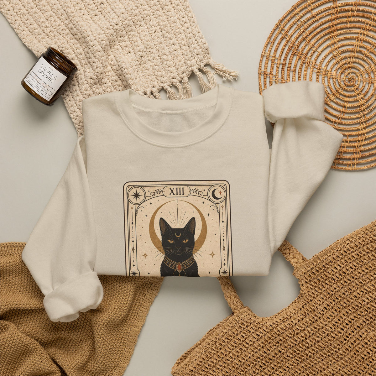 Black Cat Tarot Card Sweatshirt - Sand - flat lay