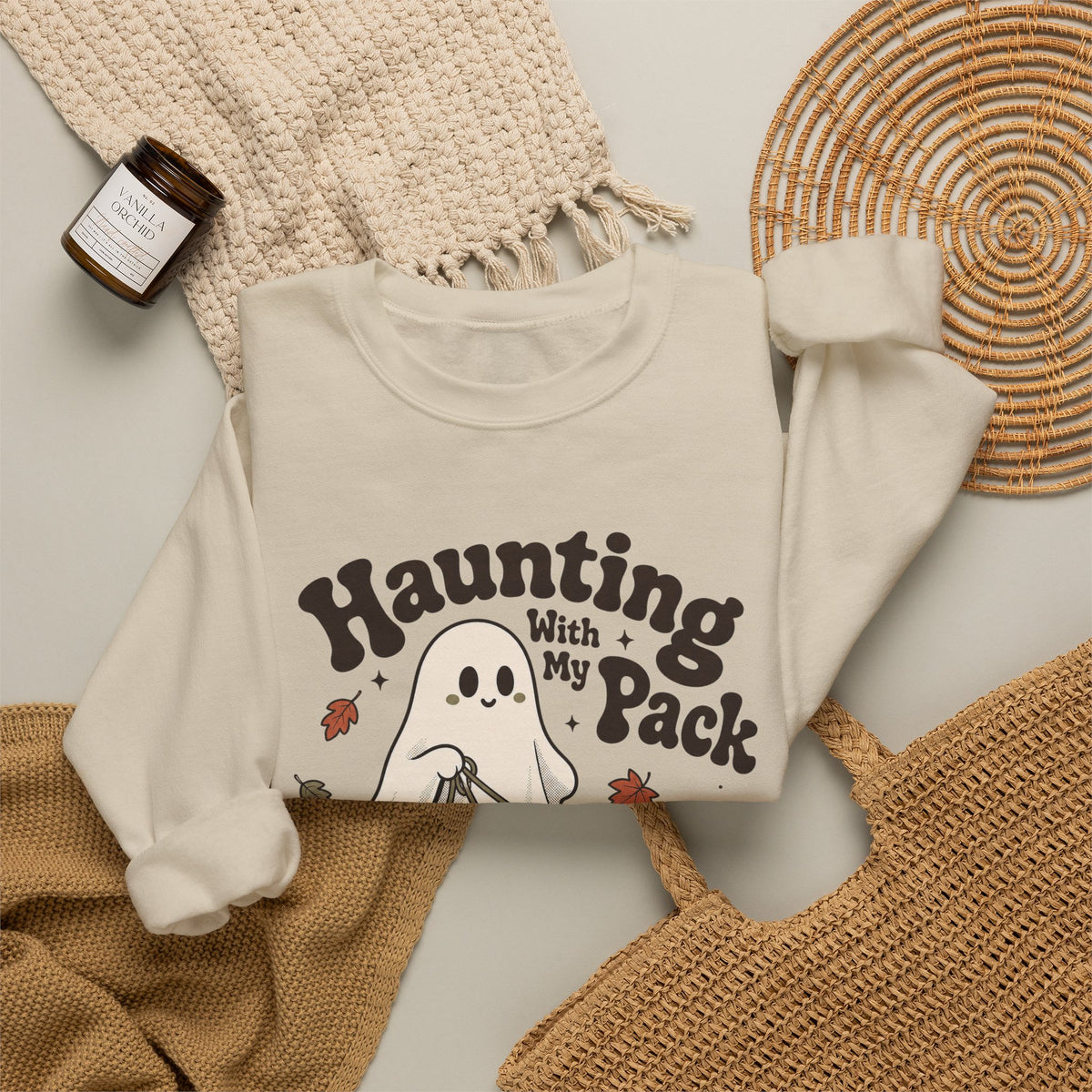 Haunting With My Pack Sweatshirt - Sand - flat lay