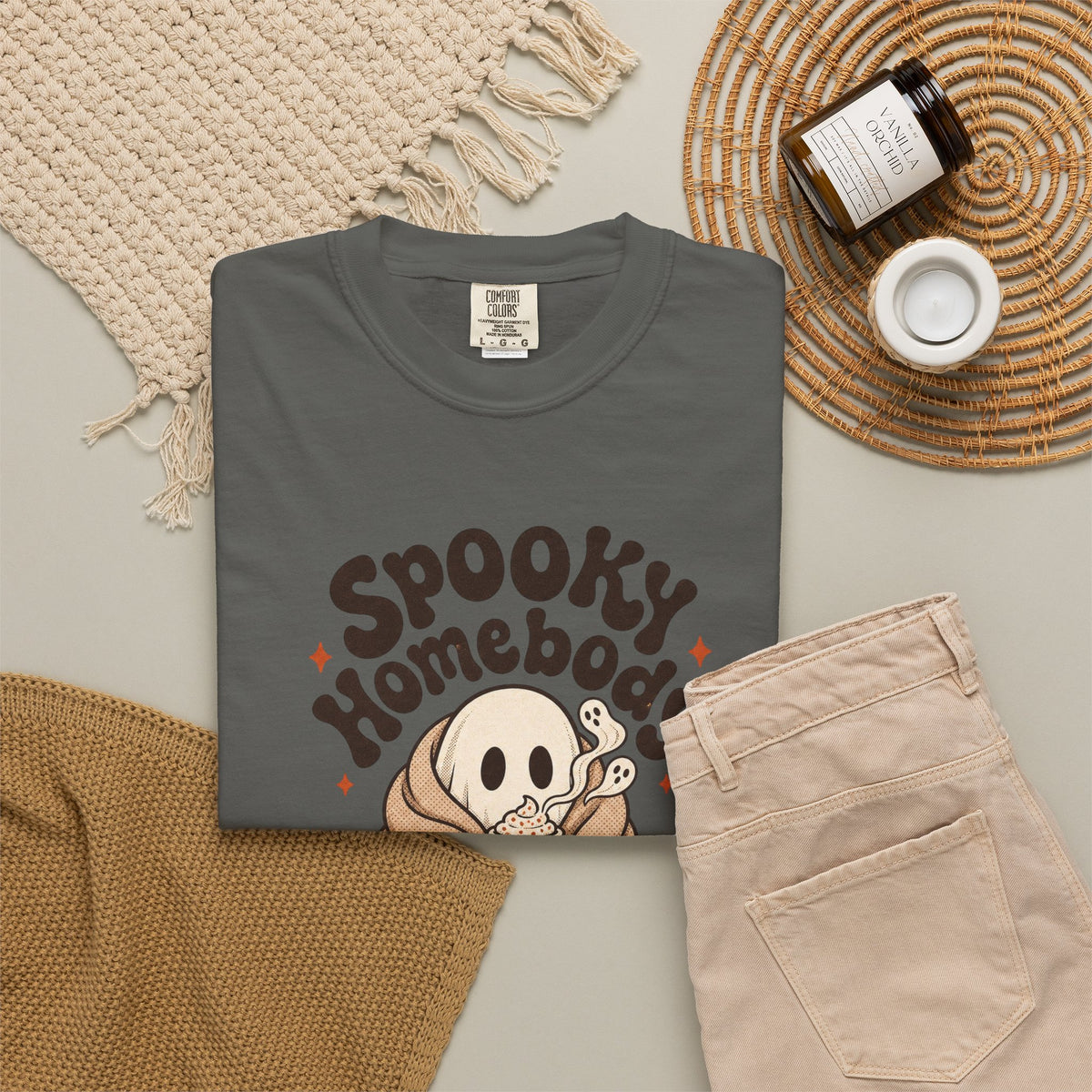 Spooky Homebody Ghost  T-Shirt - Pepper - Flat Lay