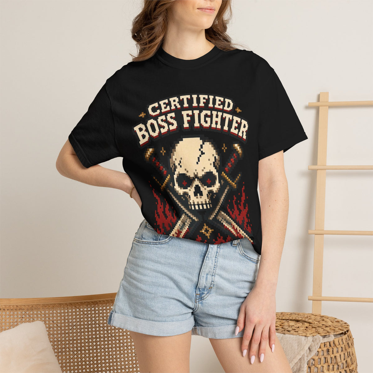 Certified Boss Fighter T-shirt - Black - On Model Close-Up