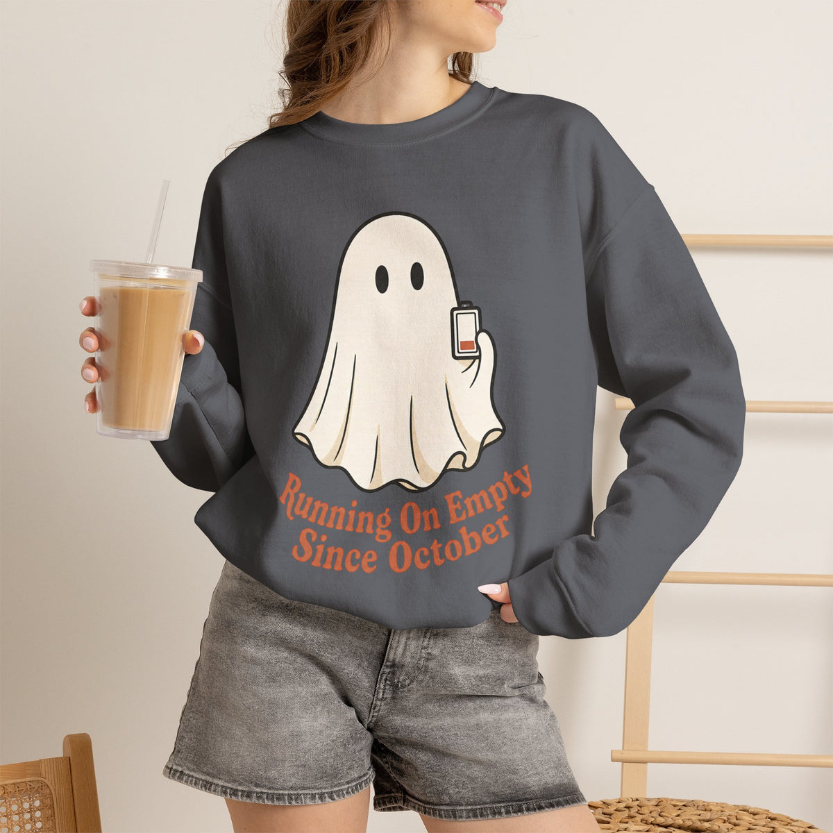 Running On Empty Since October Sweatshirt - Charcoal - On Model Female