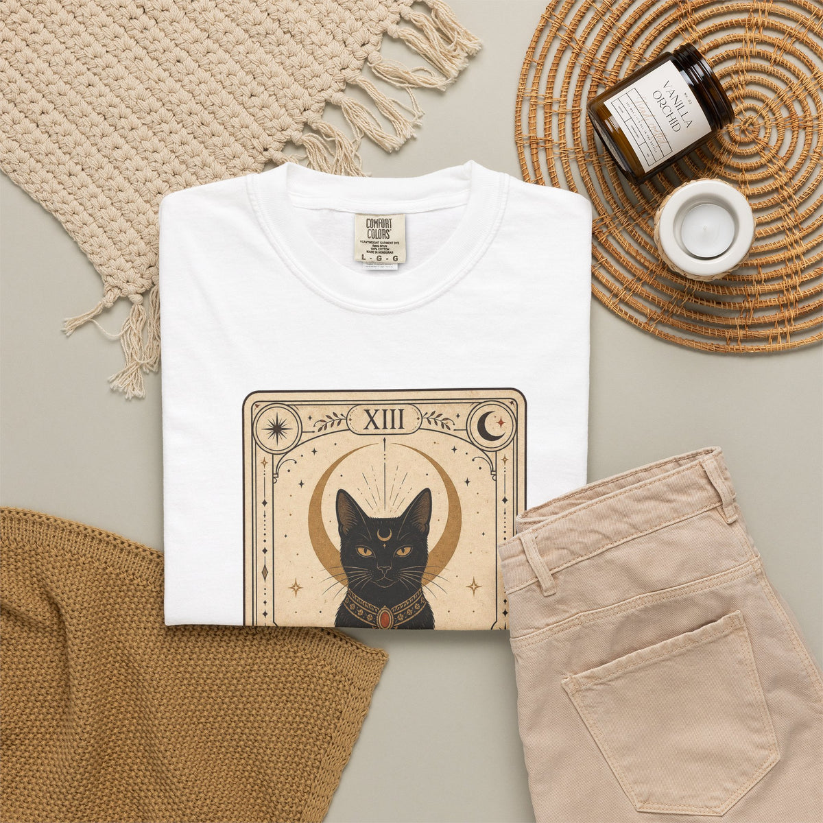 Black Cat Tarot Card T-shirt - White - flat lay
