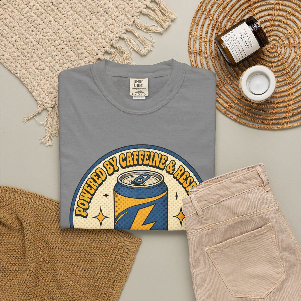 Caffeinated Energy Can T-shirt - Grey - Flat Lay
