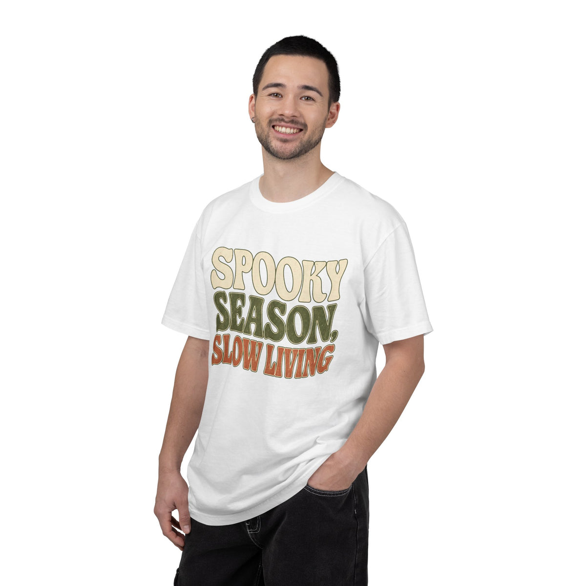 Spooky Season Slow Living T-shirt - White - On Model Male