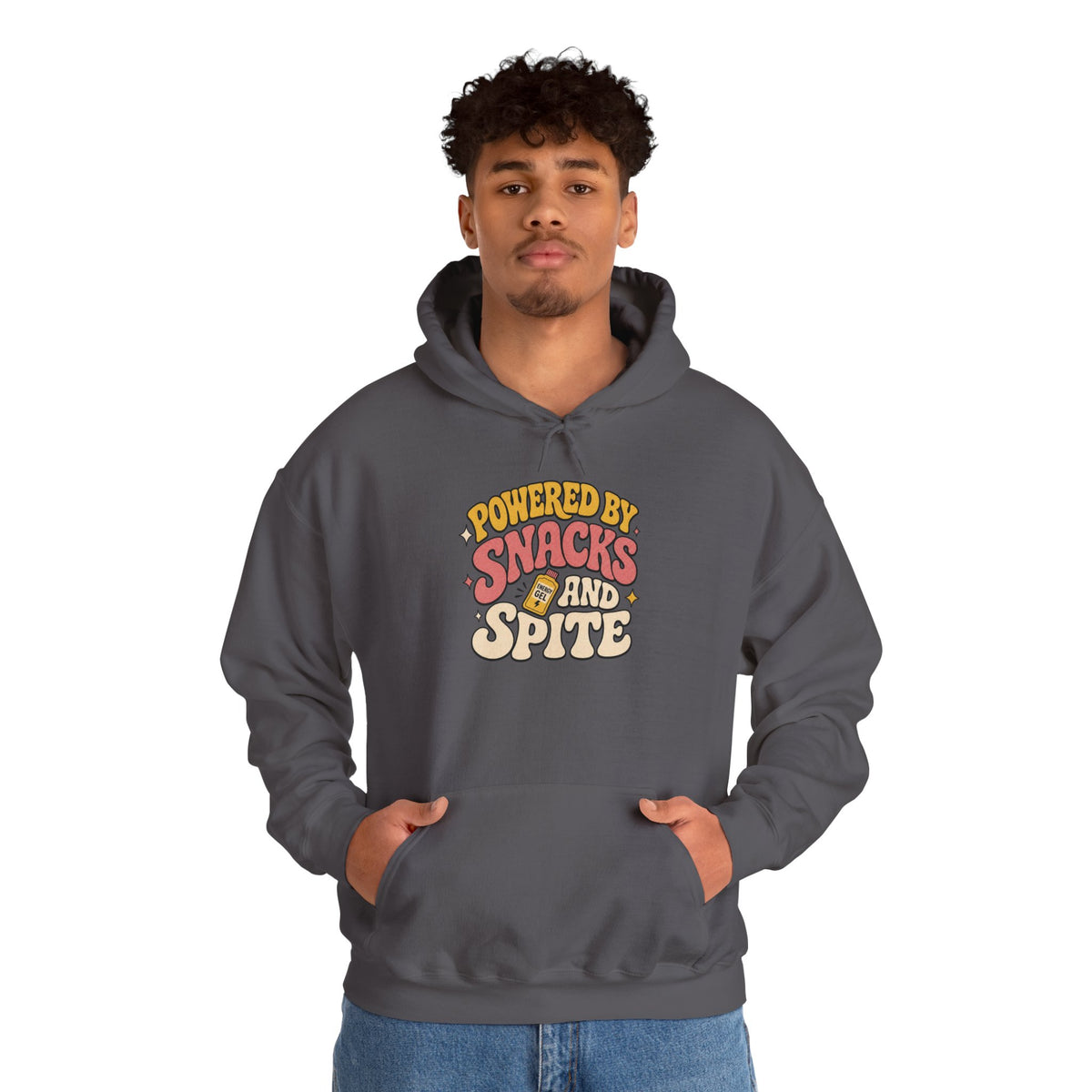 Powered by Snacks and Spite Hoodie - Charcoal - on model male