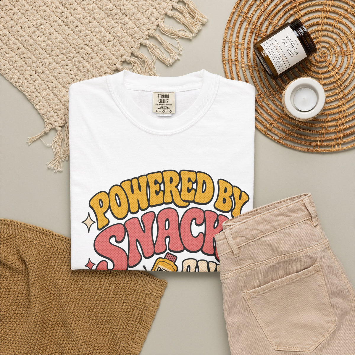 Powered by Snacks and Spite T-shirt - White - Flat Lay