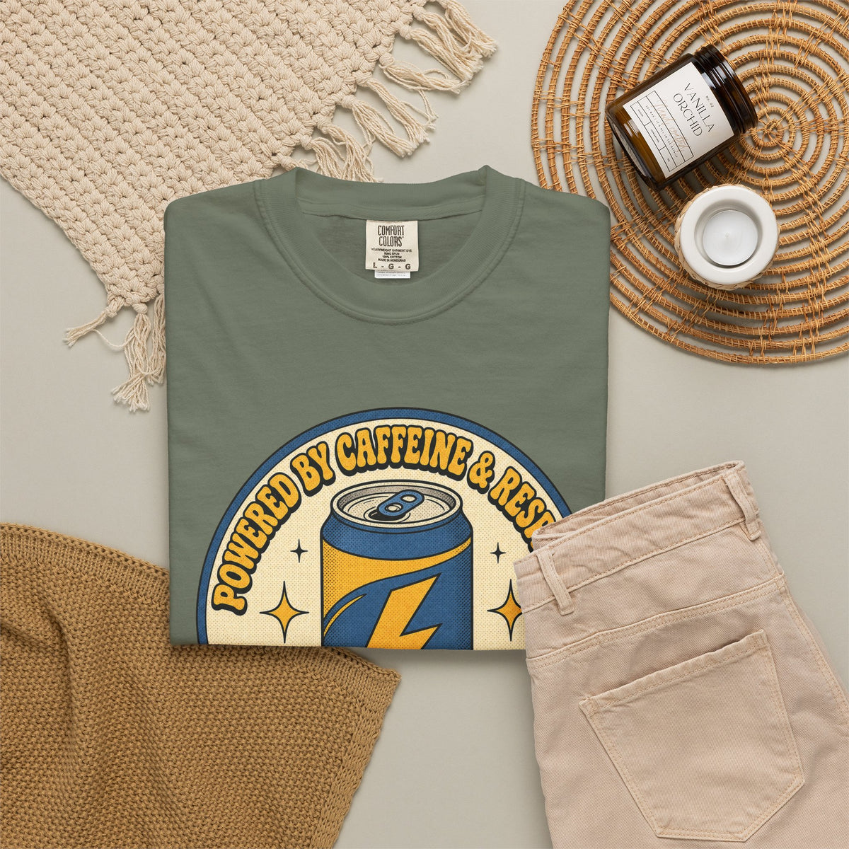 Caffeinated Energy Can T-shirt - Moss - Flat Lay