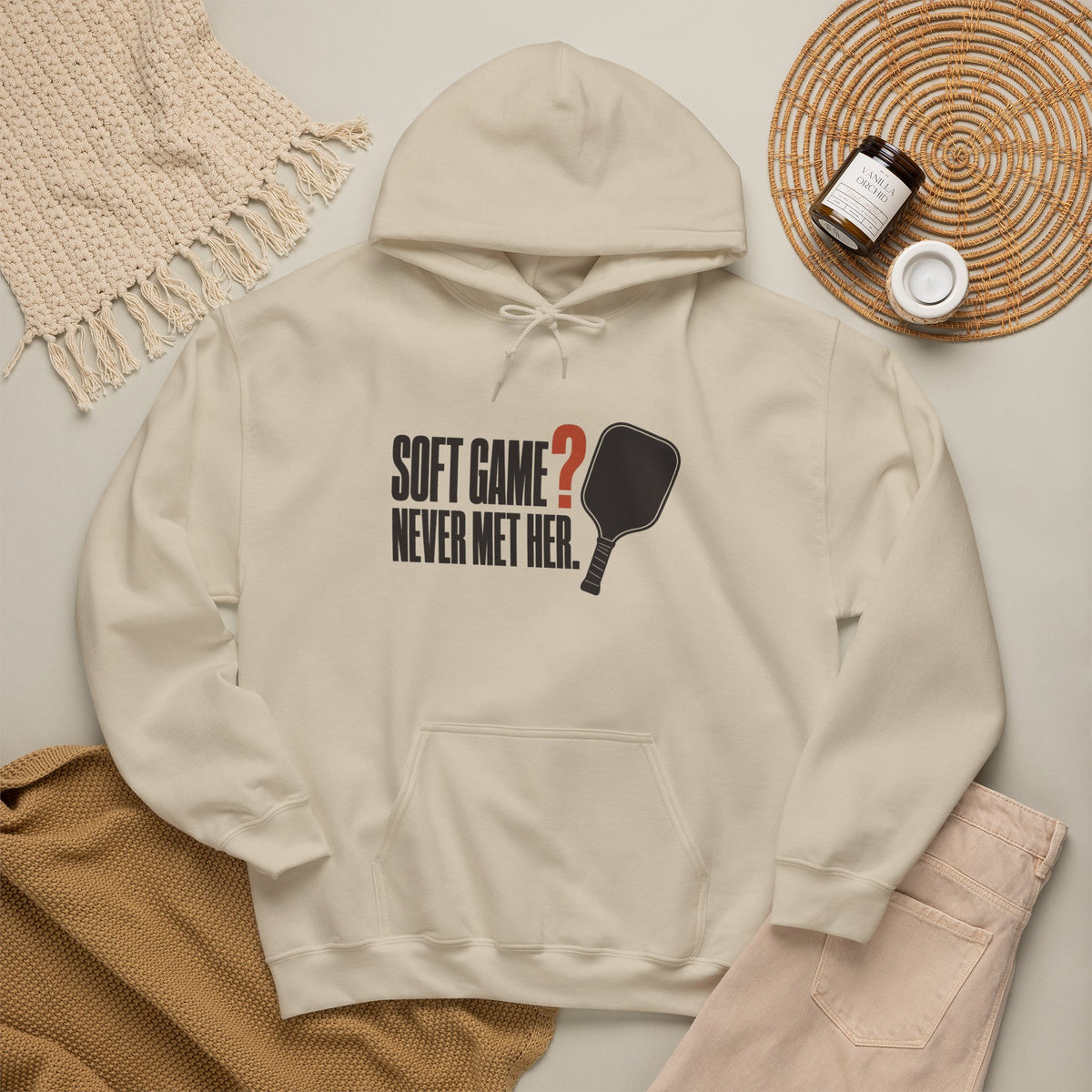 Soft Game? Never Met Her Hoodie - Sand - Flat Lay
