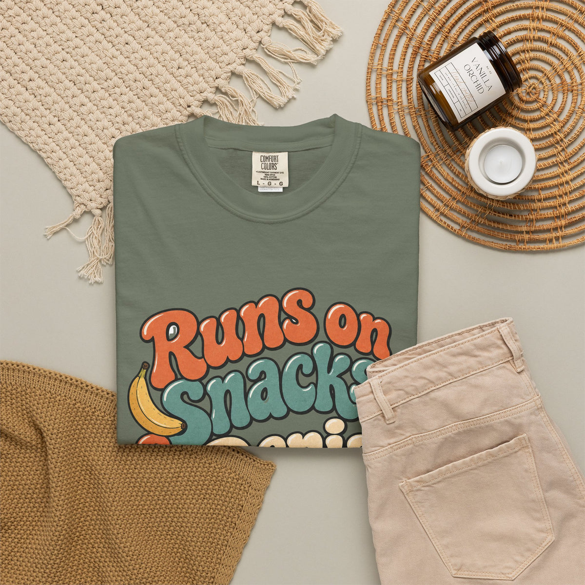 Runs on Snacks & Denial T-Shirt - Moss - Flat Lay
