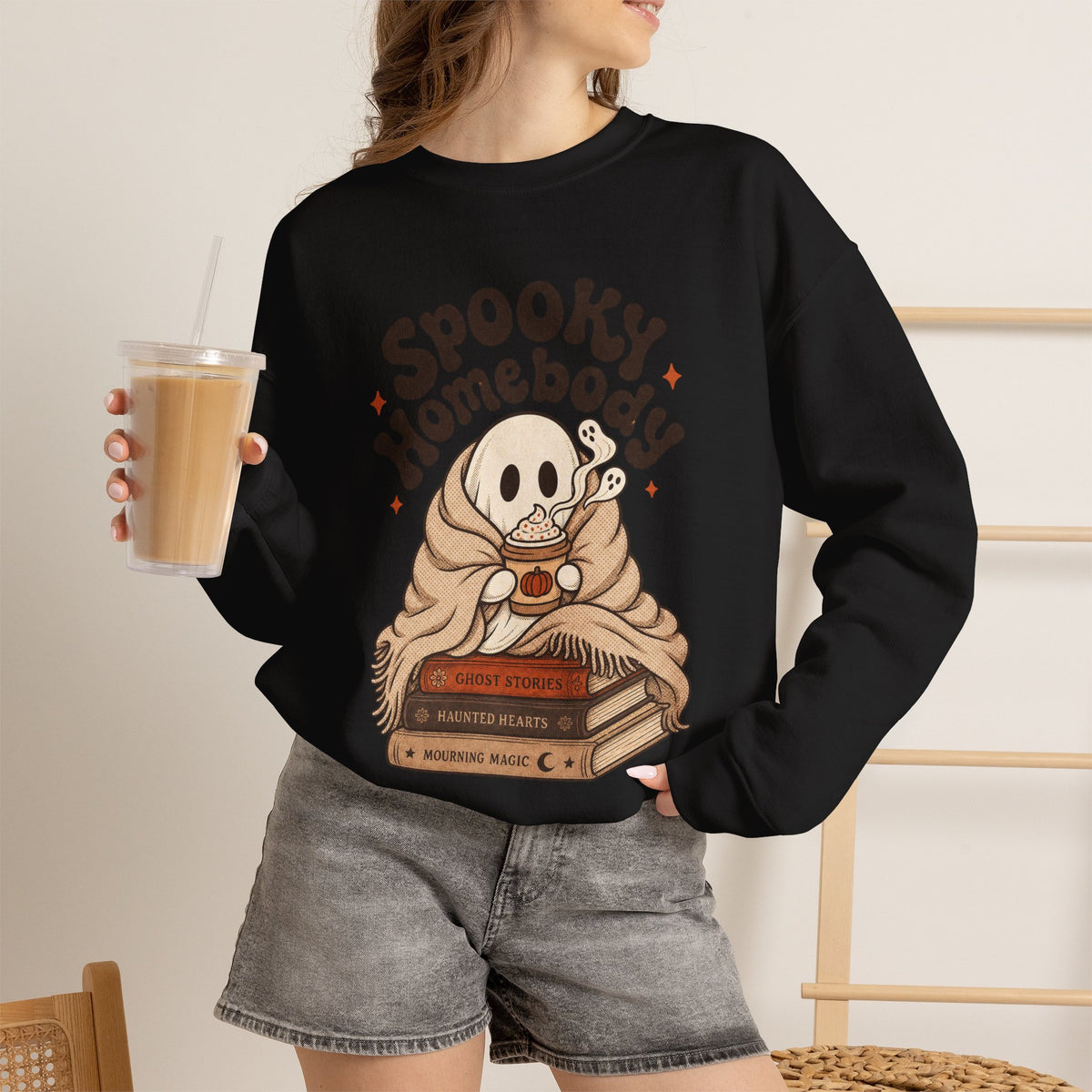 Spooky Homebody Ghost Sweatshirt - Black - On Model Female