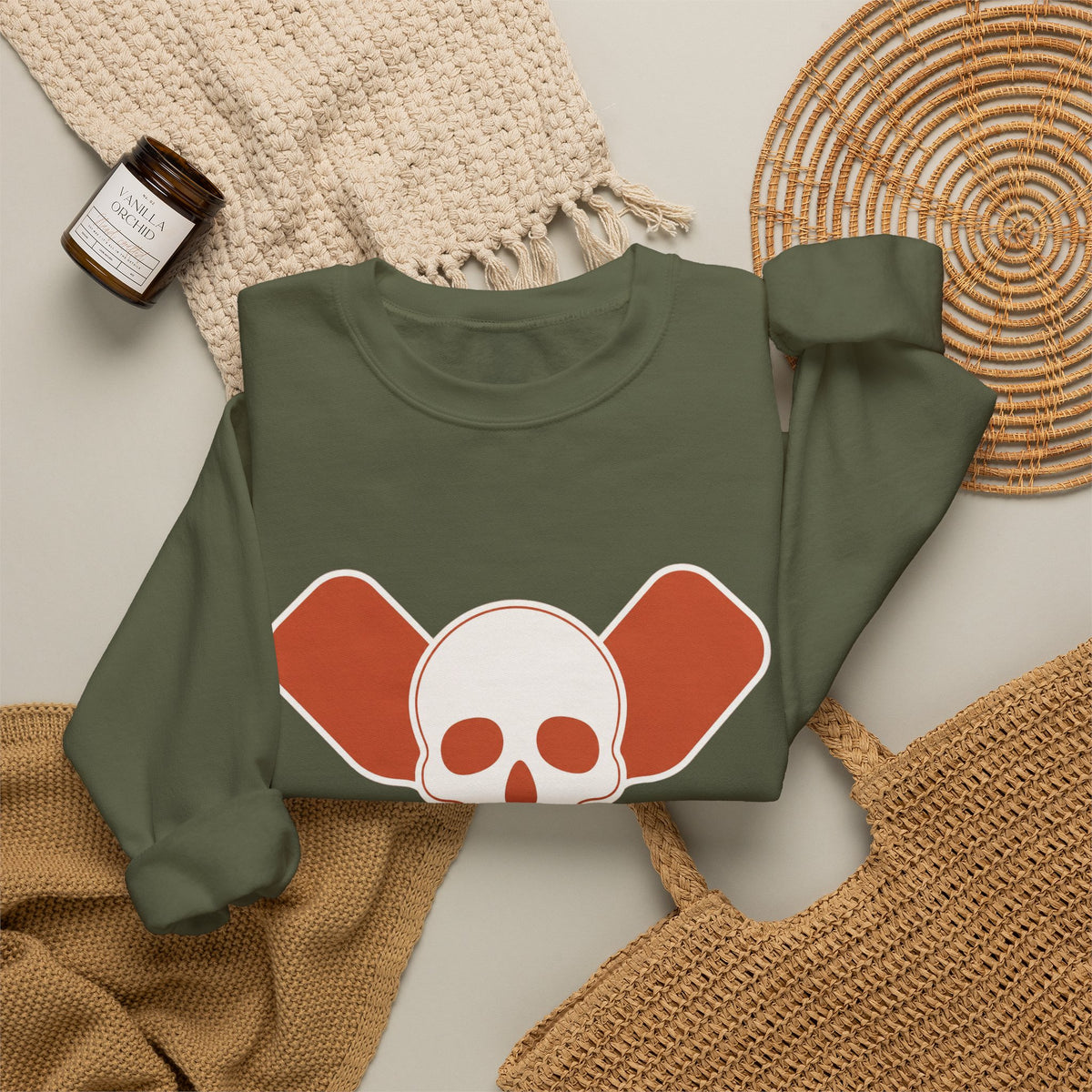 Skull & Oars Sweatshirt - Military Green - Flat Lay
