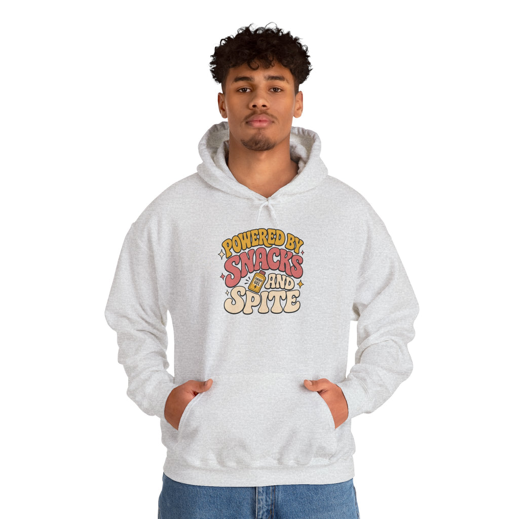 Powered by Snacks and Spite Hoodie - Ash - on model male