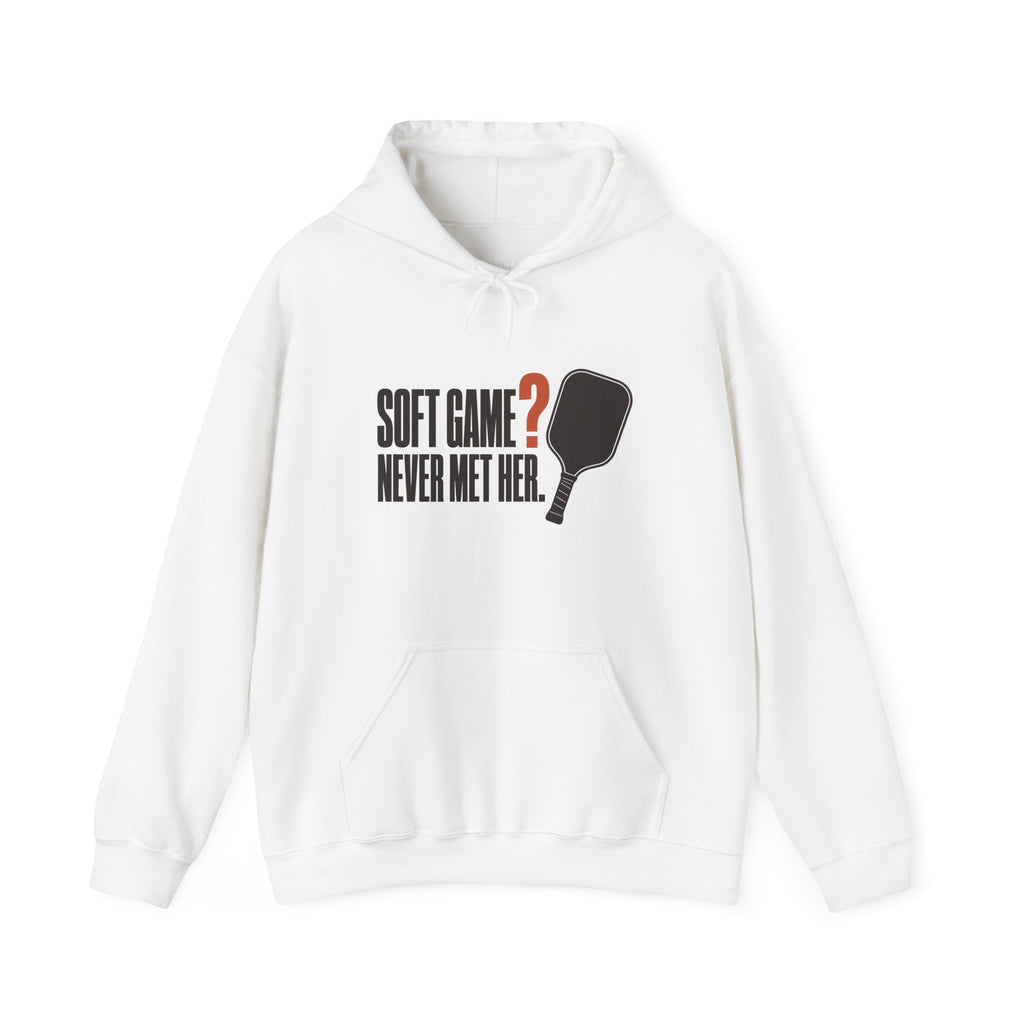 Soft Game? Never Met Her Hoodie - White - Flat Lay