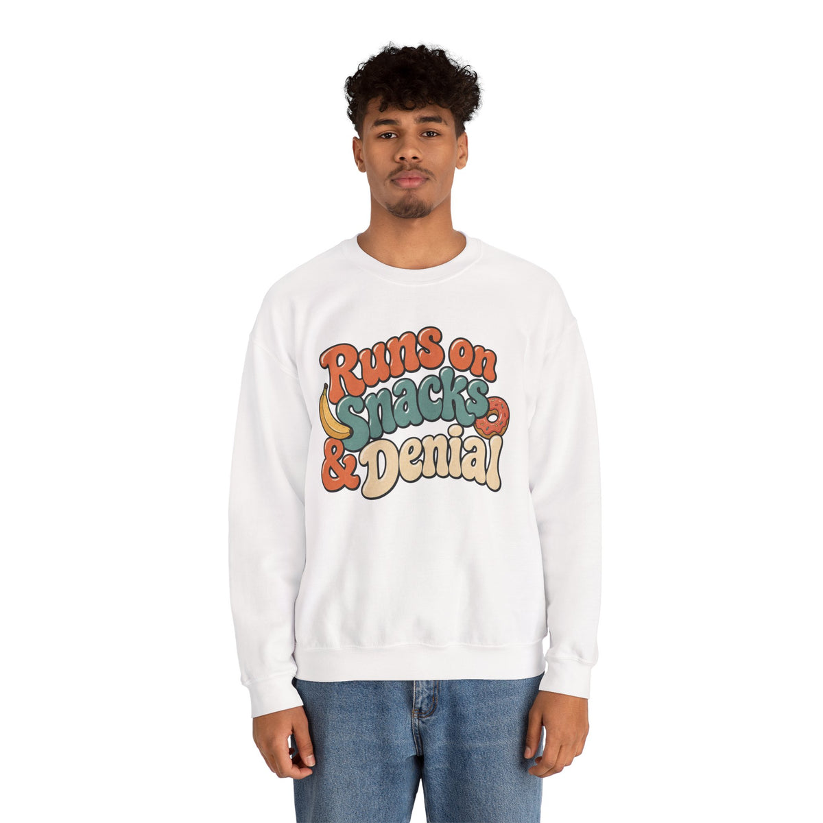 Runs on Snacks & Denial Sweatshirt - White - On Model Male