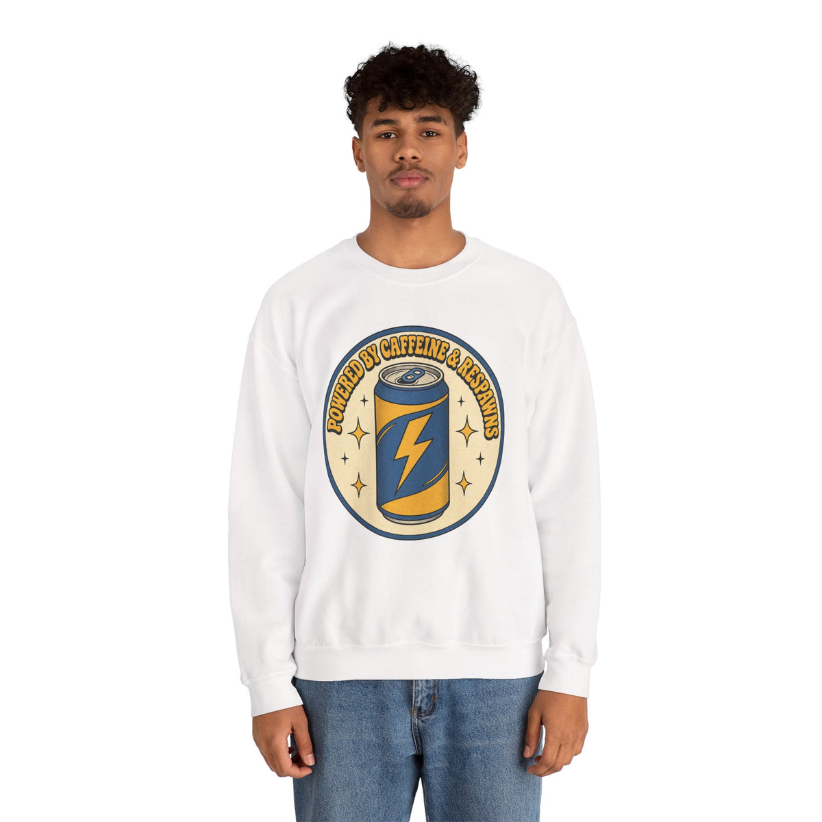 Caffeinated Energy Can Sweatshirt - White - On Model Male