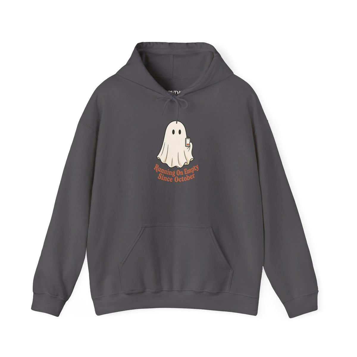 Running On Empty Since October Hoodie - Charcoal - Flat Lay