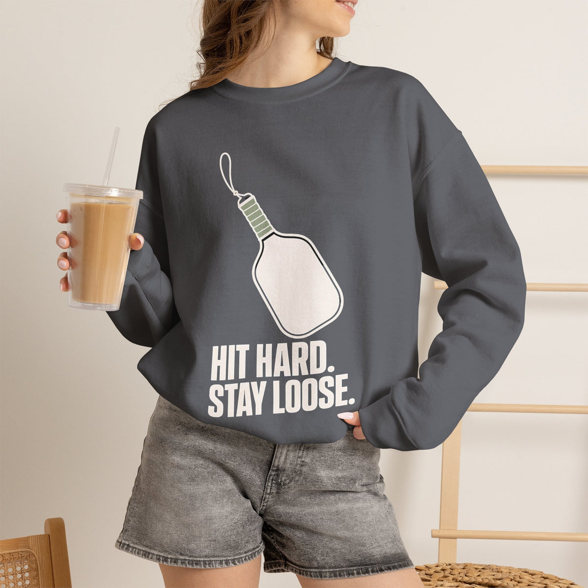 Hit Hard, Stay Loose Sweatshirt - Charcoal - On Model Female