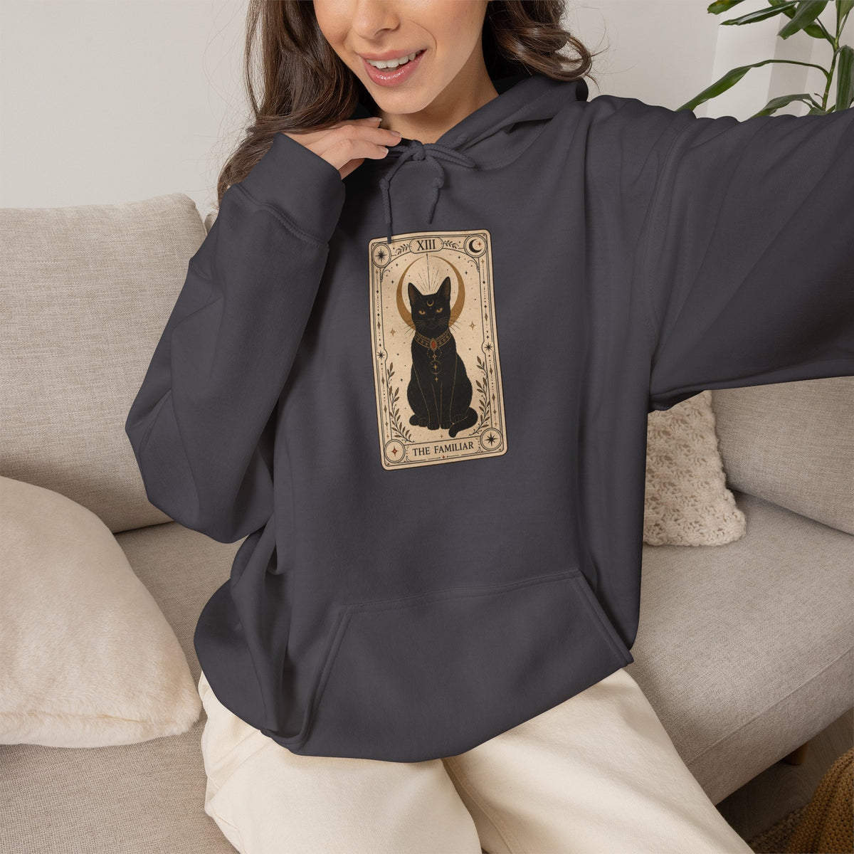 Black Cat Tarot Card Hoodie - Charcoal - on model female