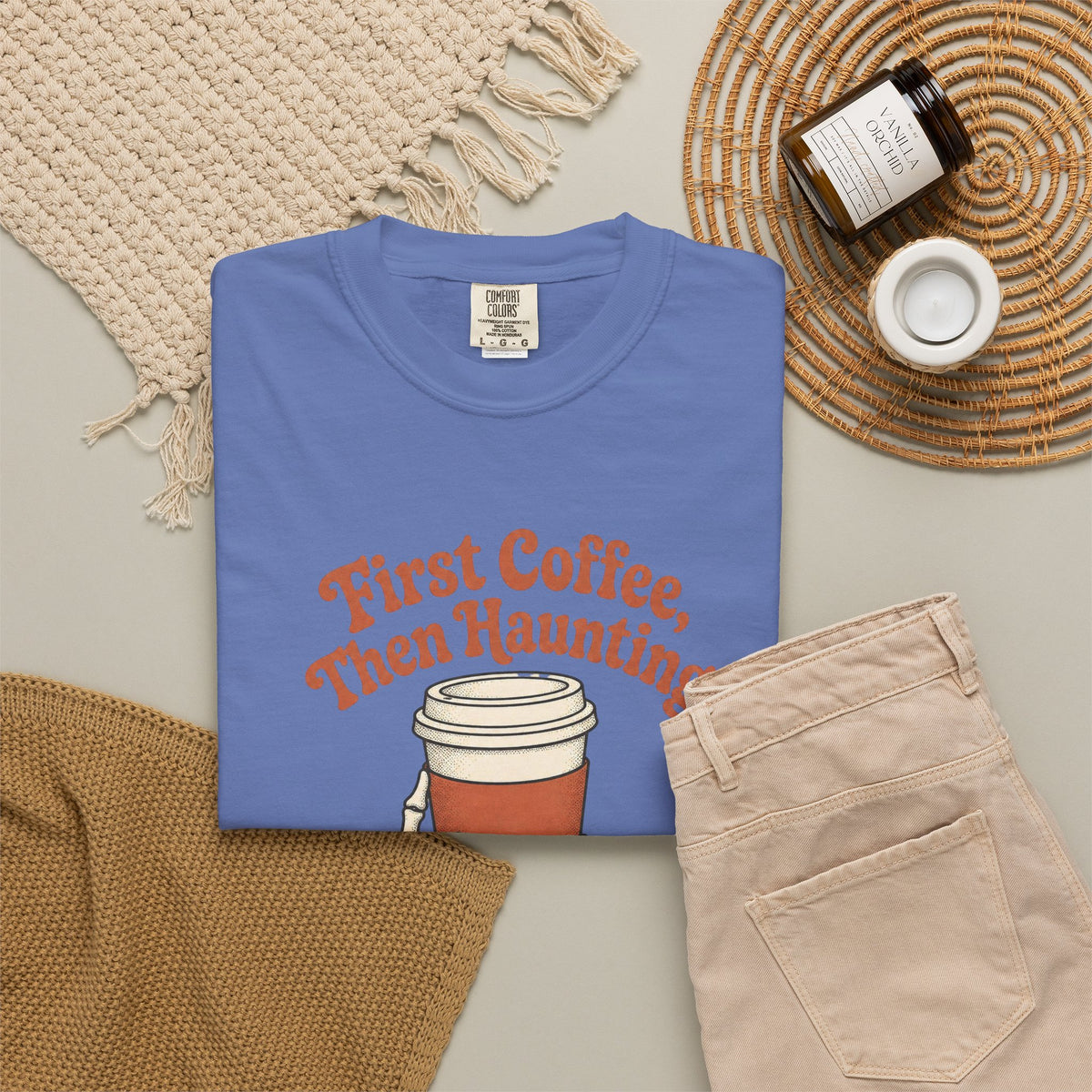 First Coffee Then Haunting T-Shirt - Mystic Blue - Flat Lay