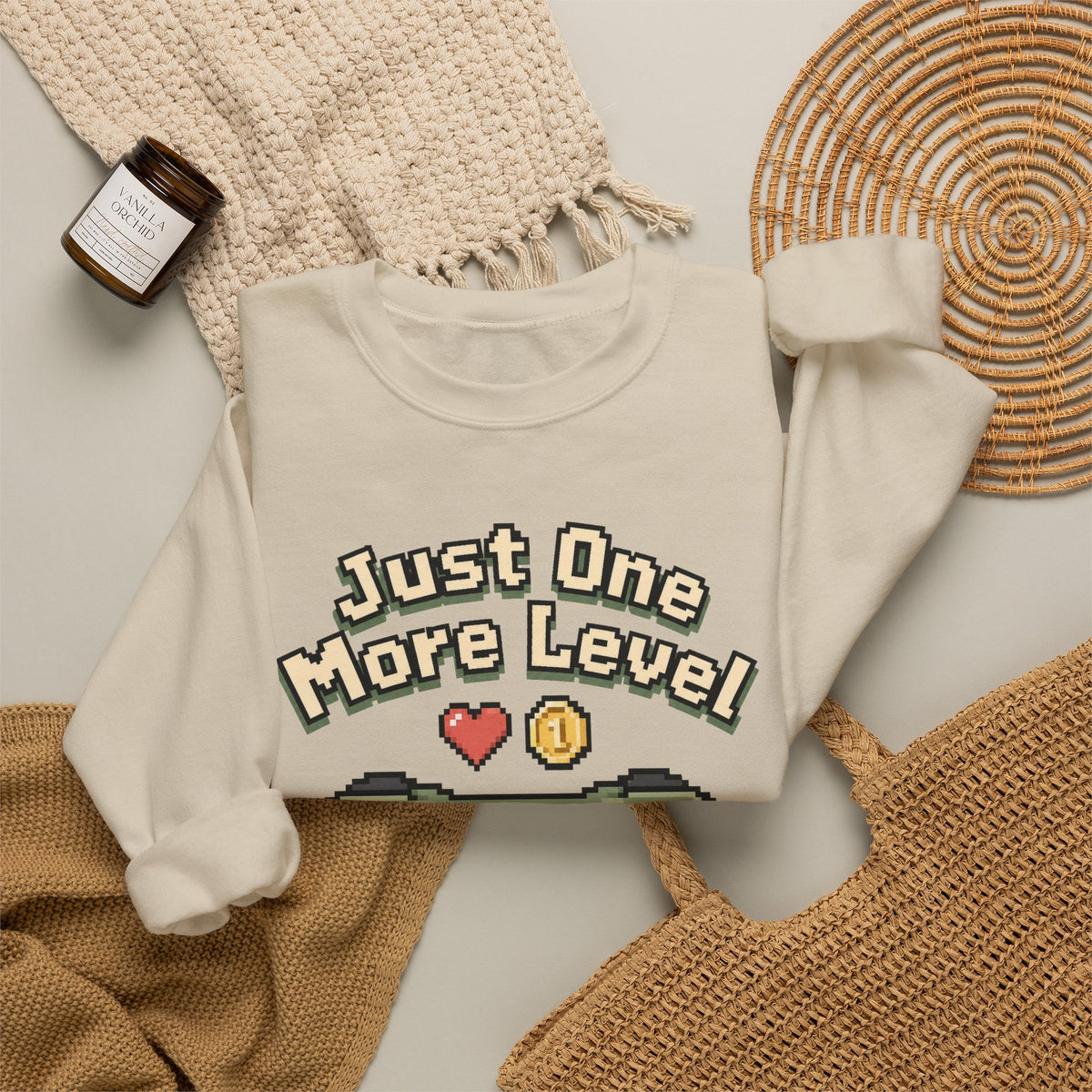 Just One More Level Sweatshirt - Sand - Flat Lay