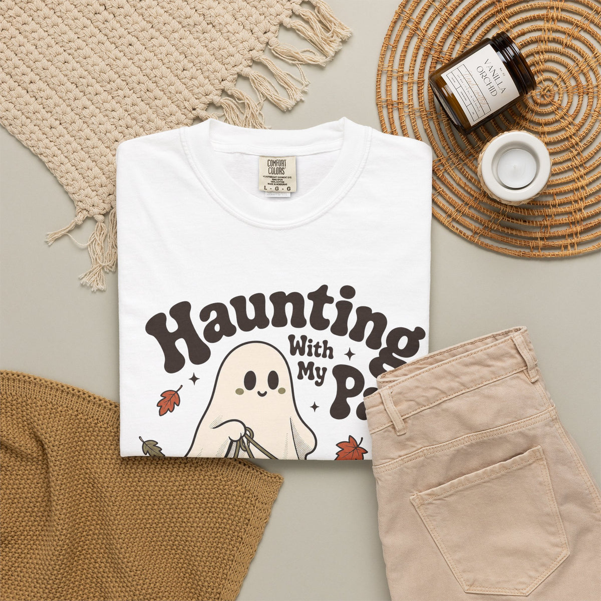 Haunting With My Pack T-shirt - White - flat lay