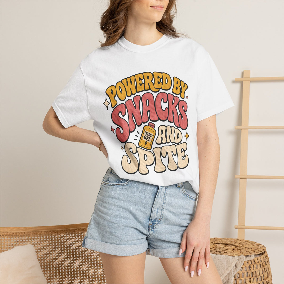 Powered by Snacks and Spite T-shirt - White - on model close-up